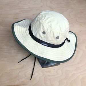 Sloggers Wide Brim Sun Hat Beige Green Trim Chin Strap Nylon Outwear One Size.